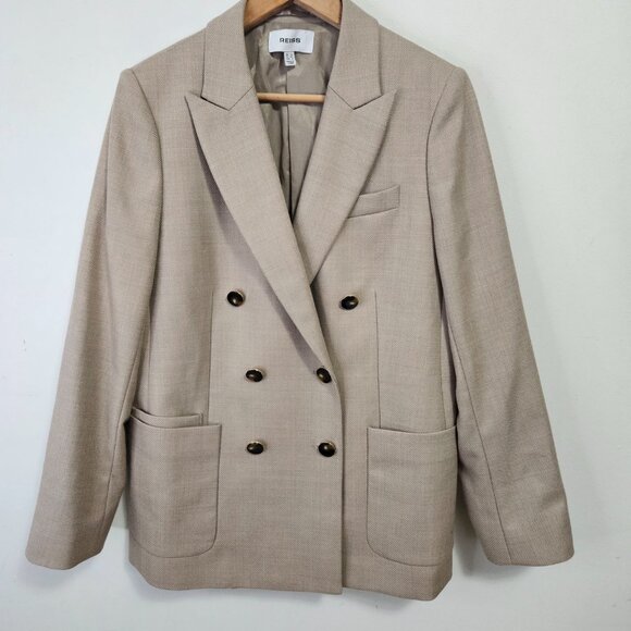 SOLD REISS Harriet Double Breasted Wool Blazer Sz 8 Beige Cream - Picture 2 of 13